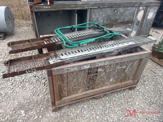 WOODEN CRATE OF MISC FLUIDS, RAMPS, SADDLE RACK
