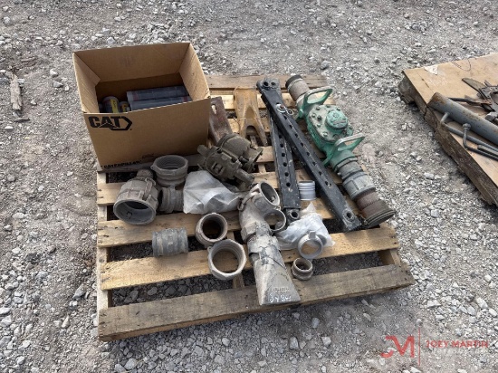 CONTENTS OF PALLET, PIPE FITTINGS, EXCAVATOR TEETH, GREASE, TRACTOR ARMS