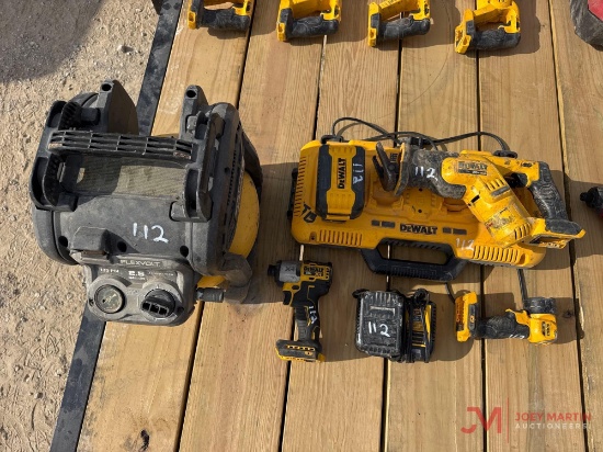 DEWALT BATTERY POWERED AIR COMPRESSOR, RECIPROCATING SAW, IMPACT DRIVER, FLASH LIGHT, (2) BATTERI...