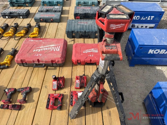 MILWAUKEE CORDLESS TRIPOD LIGHT, (2) CORDLESS STAPLERS, (2) CHARGERS, (3) BATTERIES