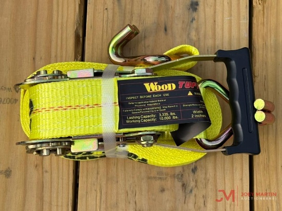 (1) UNUSED 2" X 27' RATCHET STRAP W/ J HOOKS