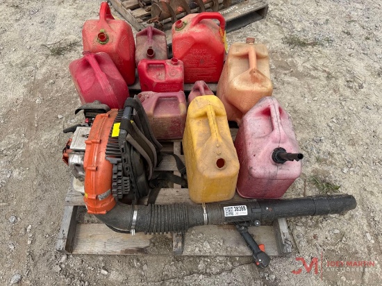 CONTENTS OF PALLET ECHO GAS POWERED BACK PACK BLOWER AND MULTIPLE FUEL CANS