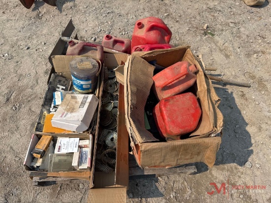 CONTENTS OF PALLET VARIOUS NAILS, STAPLES, GAS CANS