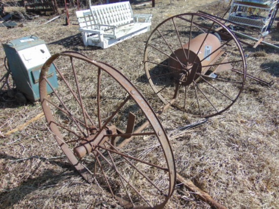 2- IRON SPOKE WHEELS AND AXLE