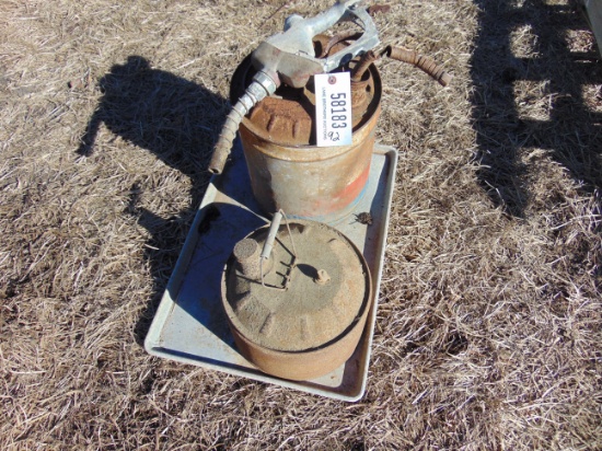 2 GAS CANS, GAS NOZZLES AND PAN
