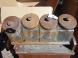 4 VINTAGE GLASS CANISTERS WITH WOODEN LIDS,