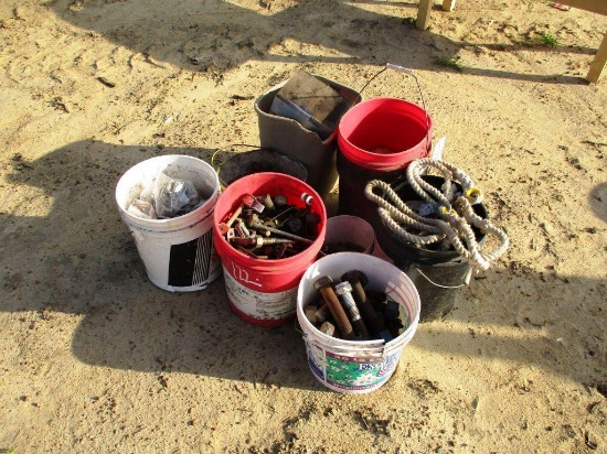 8 BUCKETS, BOLTS, NUTS, SCREWS, EYE HOOKS AND ROPE
