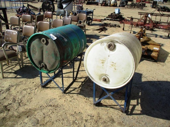 2- 55 GAL PLASTIC DRUMS WITH RACKS