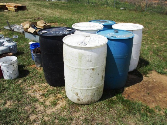 6- 55 GALLON PLASTIC DRUMS