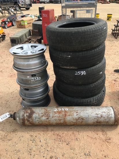 5 TIRES & 4 RIMS FOR JEEP & 1 TANK