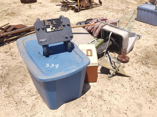 BOAT SEATS, TACKLE BOXES, ANCHORS, DIP NET, AND