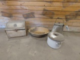 370 - VINTAGE BREAD BOX, ENAMEL KETTLE, AND