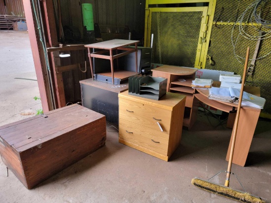 2 - WOOD DESK AND METAL CABINETS