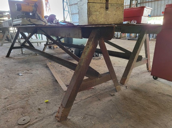 SET OF 12' X 32" SAW HORSES & SHEET OF PLATE STEEL