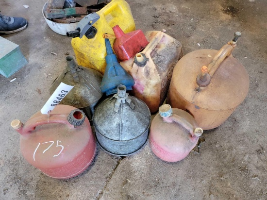 5 - GAS JUGS & 4 - FUNNELS