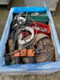 2338 - BOX OF INDUSTRIAL BELTS, PIPE TOOLS MISC