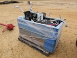 2084 - BOX OF INDUSTRIAL BELTS, PIPE TOOLS MISC