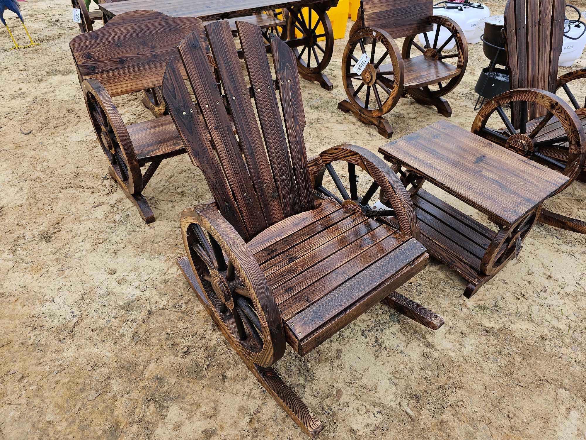 755 - ABSOLUTE - WAGON WHEEL ROCKING CHAIR | Proxibid