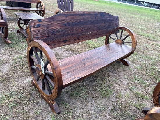 975 - WOOD WAGON WHEEL BENCH