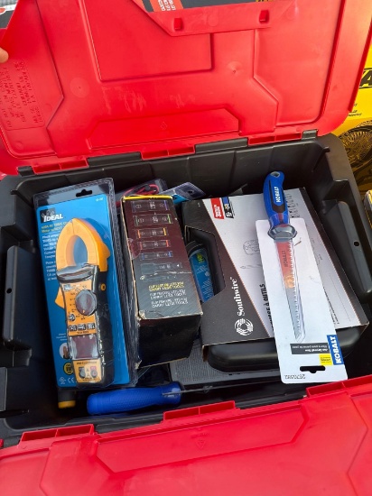 2144 - TOTE WITH MISC TOOLS ELECTRICAL TOOLS