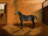 J C Partridge (19th century) DAPPLE GREY POLO PONY IN A STABLE, AN ARMY CAM