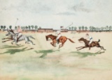 Watercolour of a Polo match in Colonial India, signed with initials A.S.B.,
