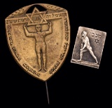 Two Jewish sports pinbacks, The first silvered featuring athlete and ''Macc