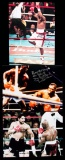 Three large colour photographs signed by the boxers Riddick Bowe, Buster Do