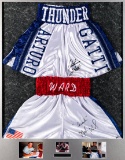 Double mounted boxing trunks signed by Arturo Gatti and Micky Ward, mounted