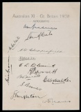 Official autograph sheet of the 1938 Australians, 13 signatures Bradman, Fi