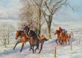 Sue Wingate (contemporary) RACEHORSES ON THE GALLOPS IN WINTER signed, oil