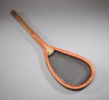 Red painted T.H. Prosser real tennis racquet, stamped Holloway Road, London