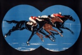 Vintage horse racing poster designed as a view of the runners from a pair o