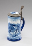 Rare German Delft-style blue & white porcelain beer stein 1890 depicting a
