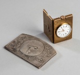 Rare 1920s Swiss Huguenin Freres gilt-bronze folding desk watch, one side o
