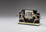 French Art Deco marble & onyx clock circa 1925 featuring a ladies singles t