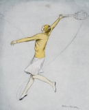 A collection of 15 framed decorative tennis prints, including advertisement