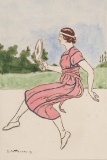French watercolour of a lady tennis player, indistinctly signed, dated 1919