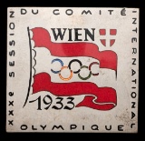 IOC Olympic Session badge for Vienna in 1933, silvered metal & enamel, in o