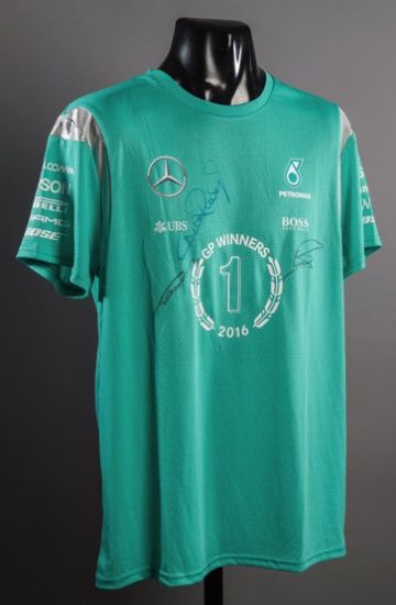 Nico Rosberg, Lewis Hamilton and Niki Lauda signed 2016 AMG-Petronas F1 t-s