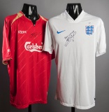Steven Gerrard signed England and Liverpool replica jerseys, both signed to
