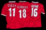 Trio of signed Manchester United replica home jerseys, Keane No.16, Scholes