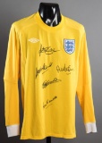 Yellow England retro goalkeeping jersey signed by five 'keepers, Peter Shil