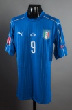 Graziano Pelle blue Italy Euro 2016 No.9 jersey, match-prepared short-sleev