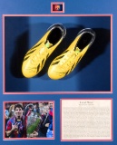 Lionel Messi signed boots framed presentation, a pair of yellow Adidas F30