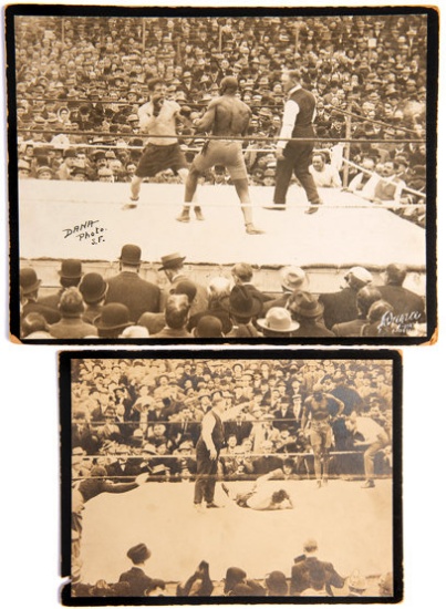 Two original period photographs of the Jack Johnson v Stanley Ketchel fight