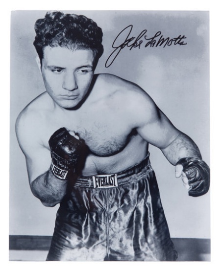 Jake La Motta signed boxing photograph, 10 by 8in., signed in black marker