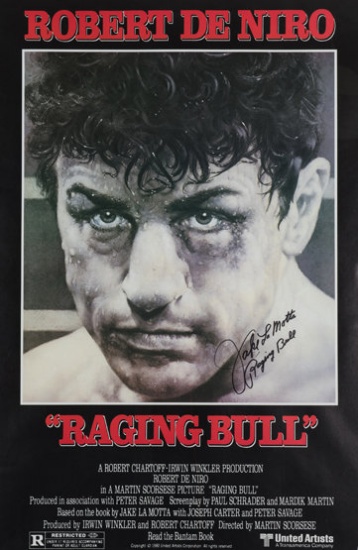 Jake La Motta signed poster for the movie ''Raging Bull'', the image featur