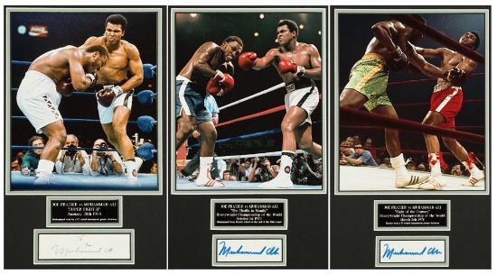 A fine trio of Muhammad Ali signed photographic displays for the three Cham