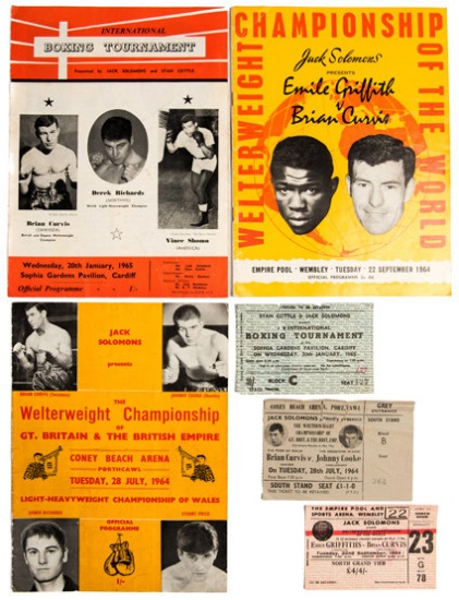 Three Brian Curvis boxing programmes complete with rare admittance tickets,
